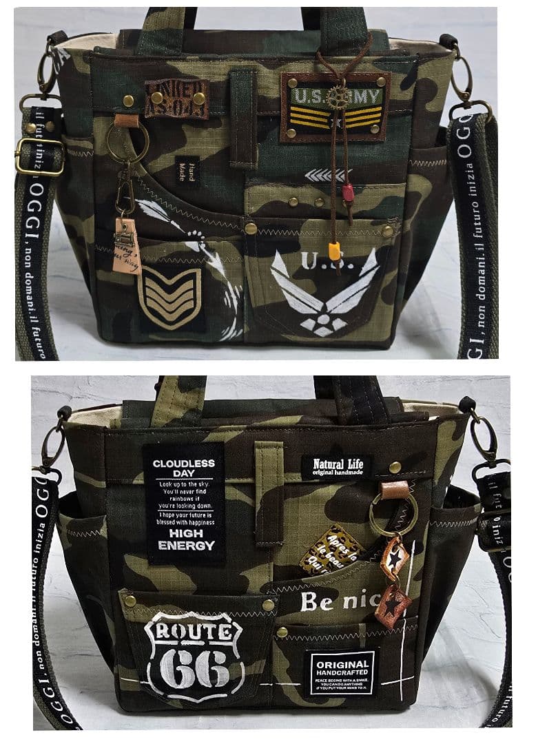 デニムリメイク トートバッグ 迷彩上部ファスナー 底板 ストラップ付き
