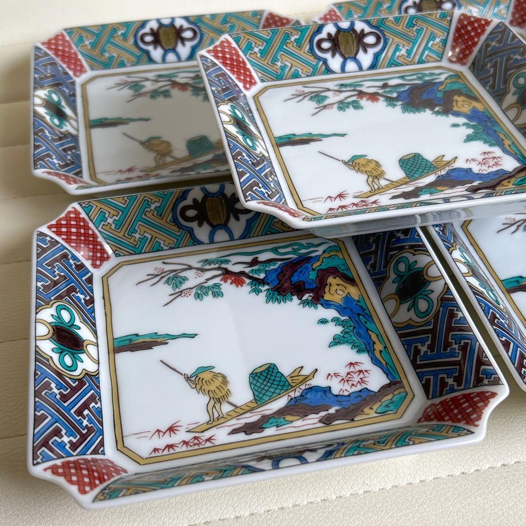 九谷焼　青郊窯　中皿揃　５枚セット　色絵　山水　銘々皿 　角皿　隅切り　和食器
