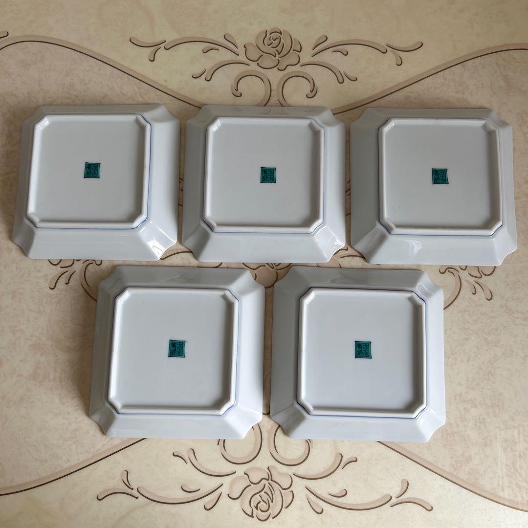 九谷焼　青郊窯　中皿揃　５枚セット　色絵　山水　銘々皿 　角皿　隅切り　和食器