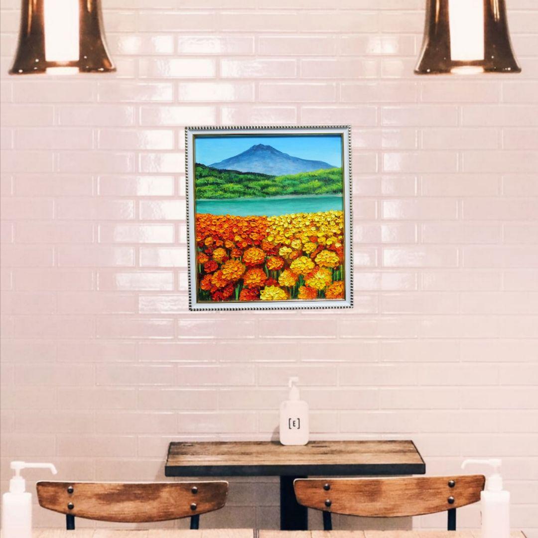 油絵 油彩 油彩画 絵 絵画【マリーゴールドと富士山】