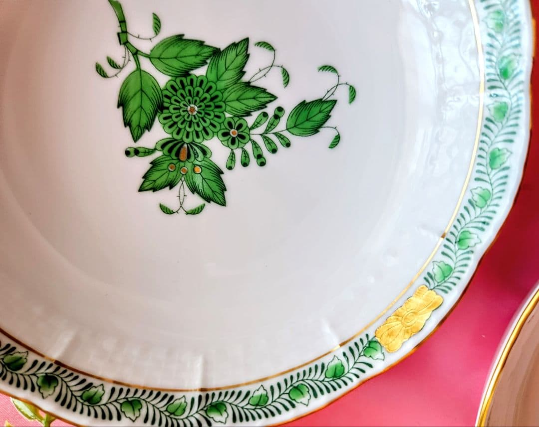 ヘレンド【未使用・箱・栞付】《アポニーグリーン13.5cm深皿》2枚セット