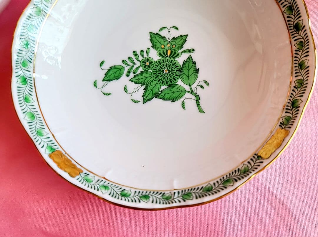 ヘレンド【未使用・箱・栞付】《アポニーグリーン13.5cm深皿》2枚セット