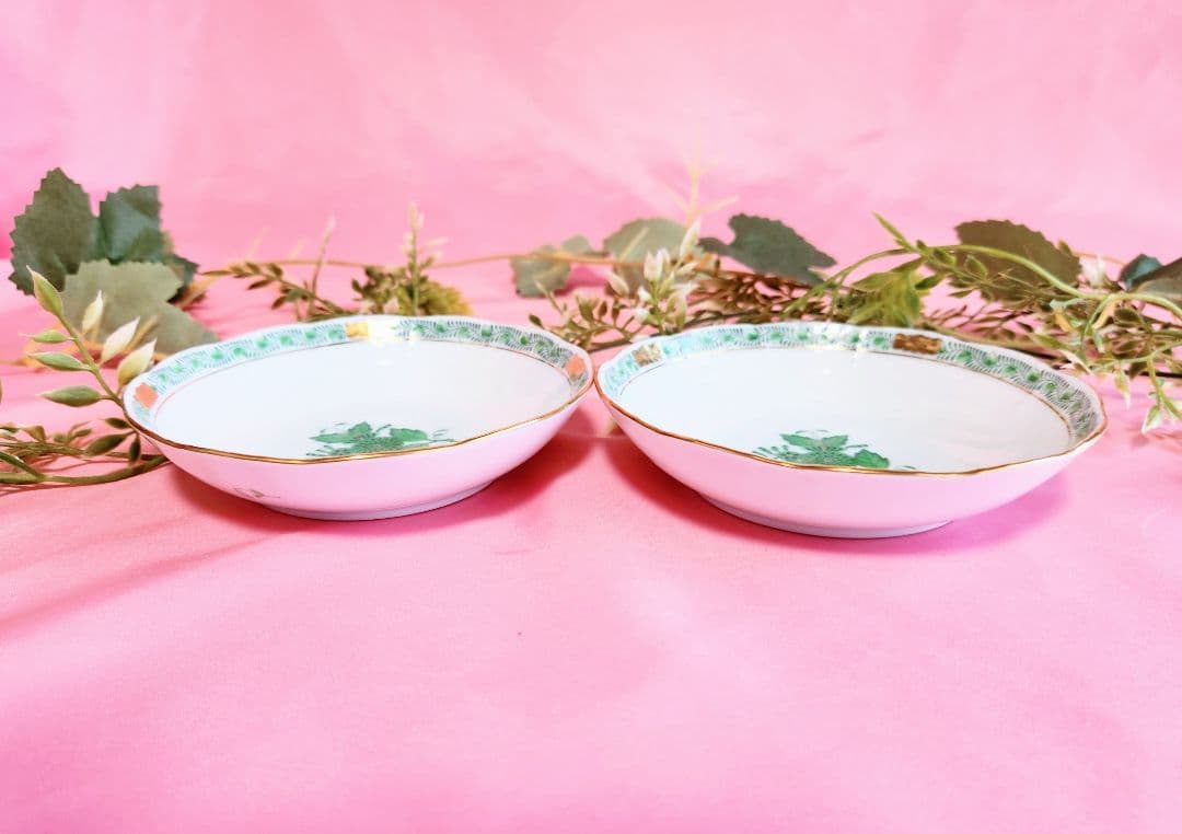 ヘレンド【未使用・箱・栞付】《アポニーグリーン13.5cm深皿》2枚セット