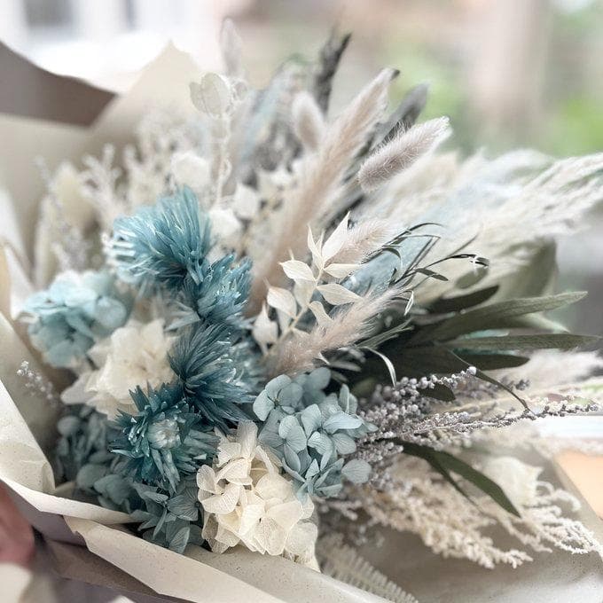 シックなブルーグリーンの紫陽花スワッグ(ブーケ）M ふっくらタイプ　再販20回