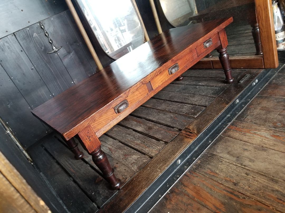 大正　モダン　無垢　欅　一枚板　良杢　轆轤脚　引出し付　文机　サイドテーブル