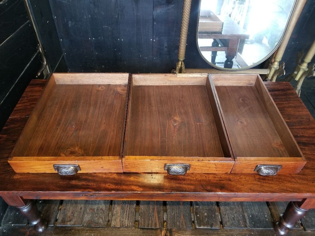 大正　モダン　無垢　欅　一枚板　良杢　轆轤脚　引出し付　文机　サイドテーブル