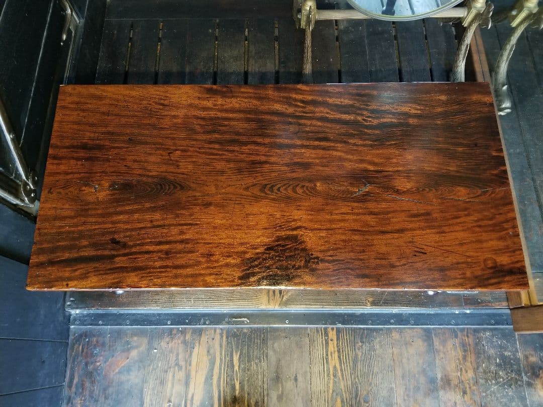 大正　モダン　無垢　欅　一枚板　良杢　轆轤脚　引出し付　文机　サイドテーブル