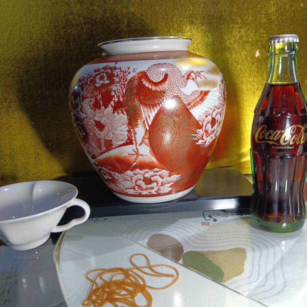 赤白陶器花瓶 鶴模様 中型