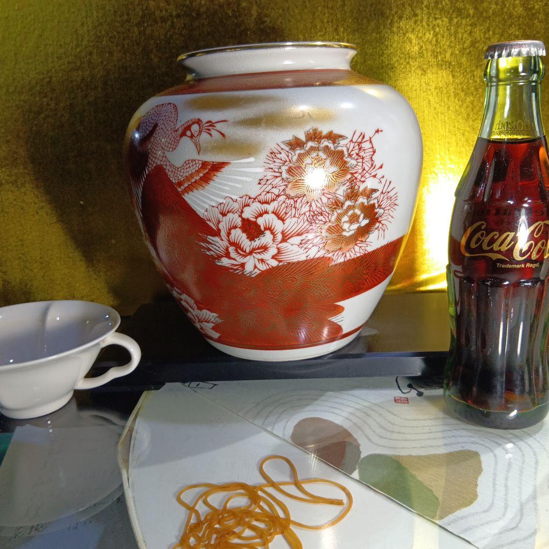 赤白陶器花瓶 鶴模様 中型