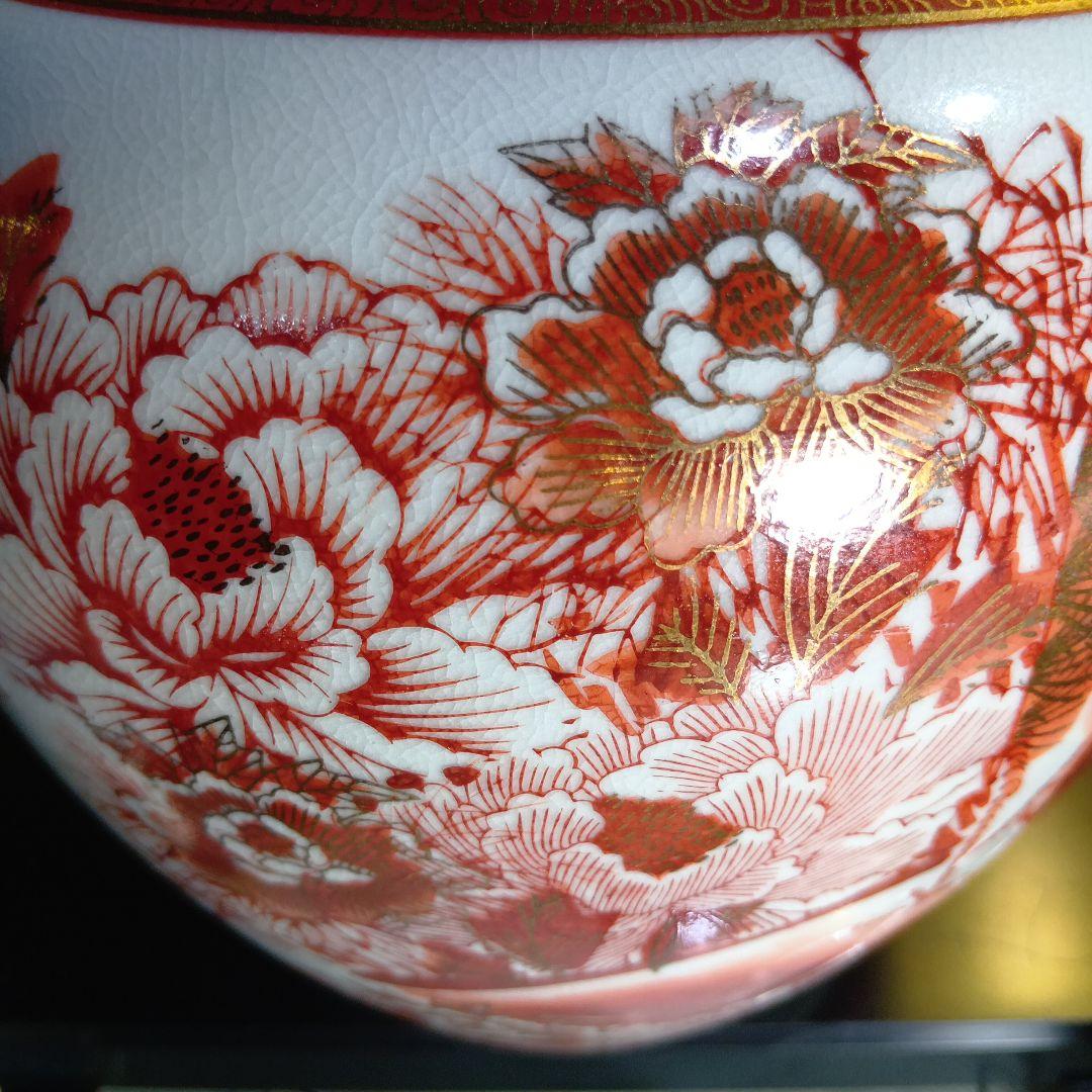 赤白陶器花瓶 鶴模様 中型