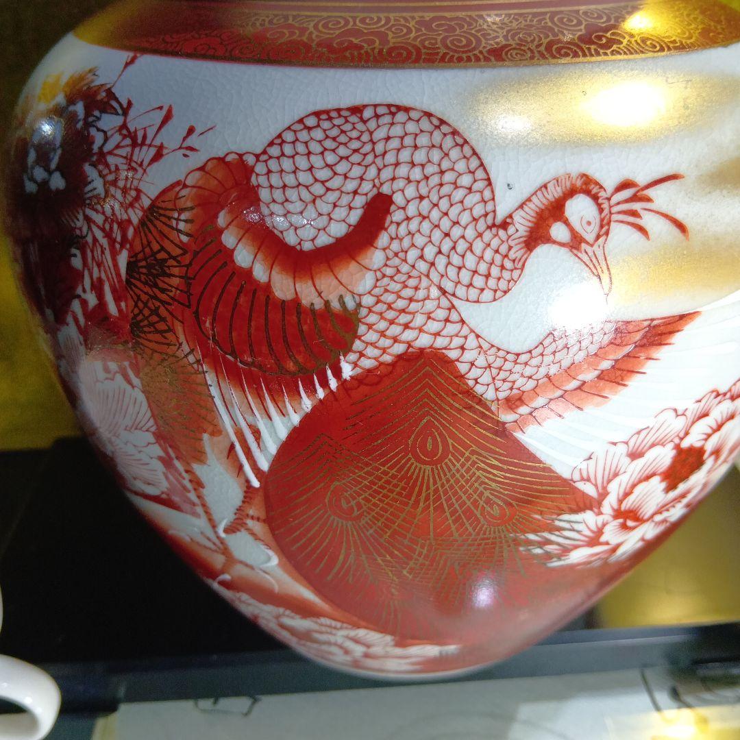 赤白陶器花瓶 鶴模様 中型
