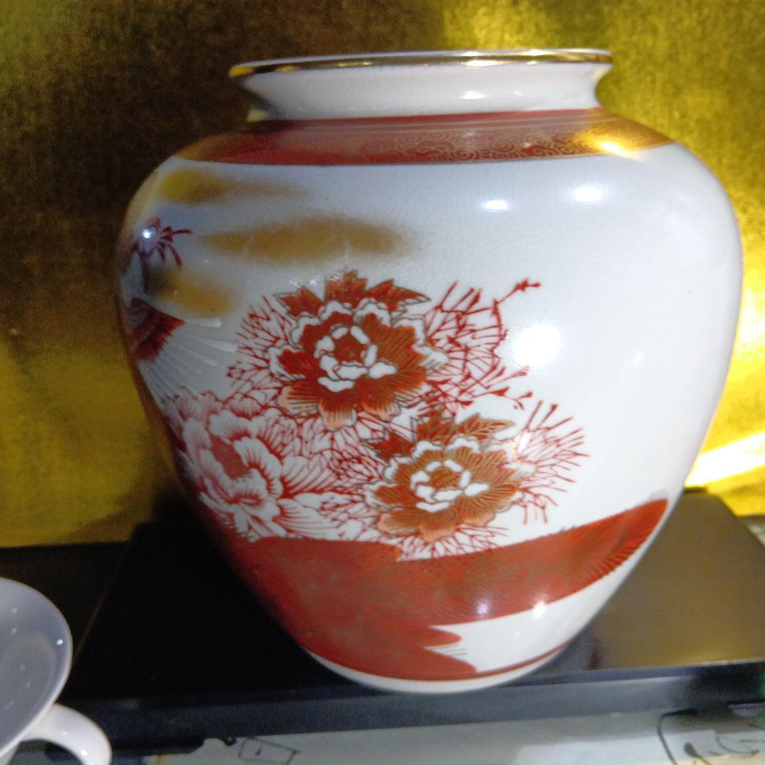 赤白陶器花瓶 鶴模様 中型