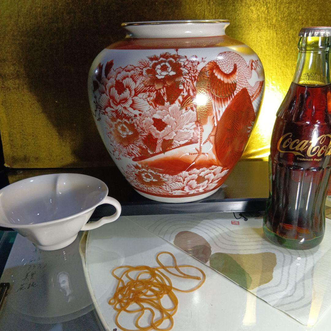 赤白陶器花瓶 鶴模様 中型