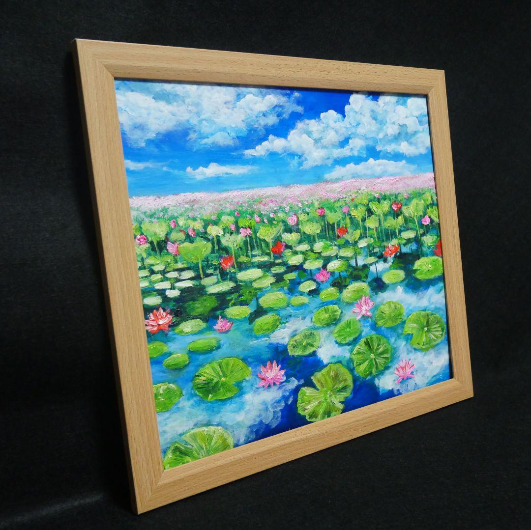 油絵 油彩 油彩画 絵 絵画 【水面映る蓮】