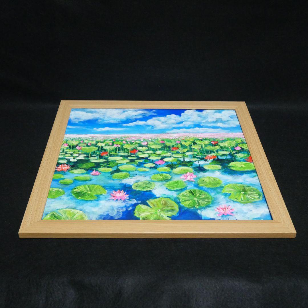 油絵 油彩 油彩画 絵 絵画 【水面映る蓮】