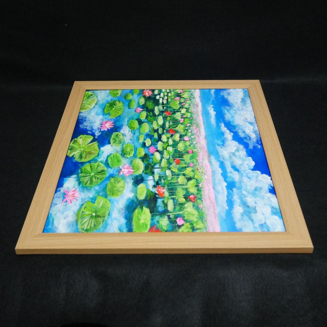 油絵 油彩 油彩画 絵 絵画 【水面映る蓮】