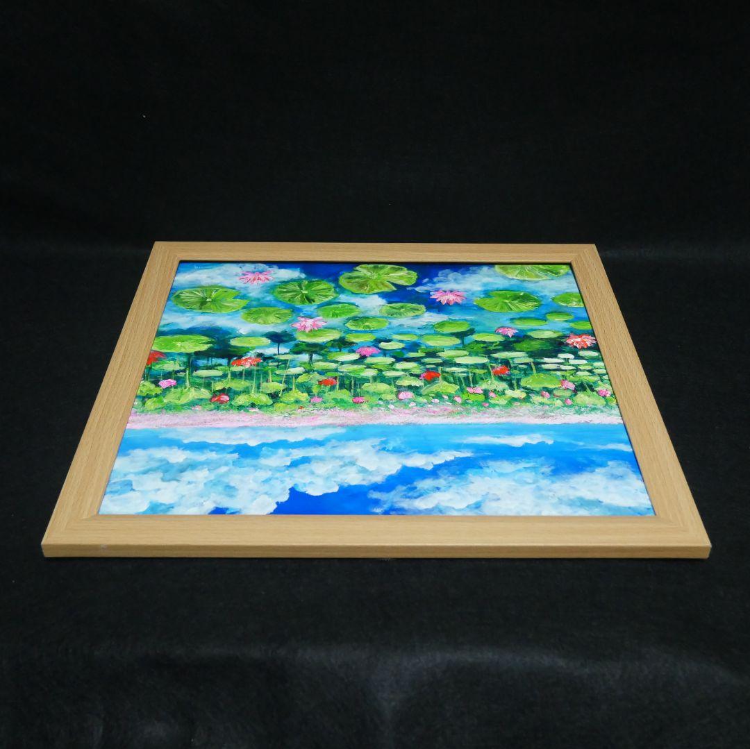 油絵 油彩 油彩画 絵 絵画 【水面映る蓮】