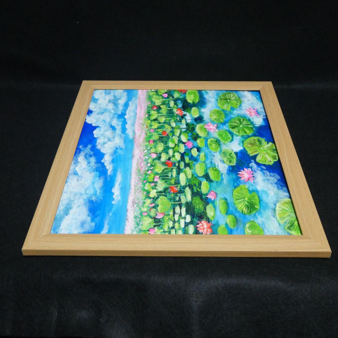 油絵 油彩 油彩画 絵 絵画 【水面映る蓮】