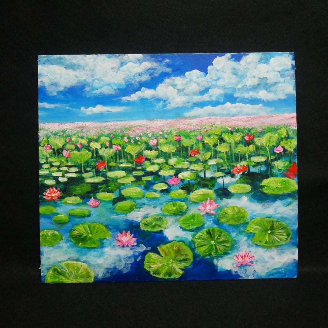 油絵 油彩 油彩画 絵 絵画 【水面映る蓮】