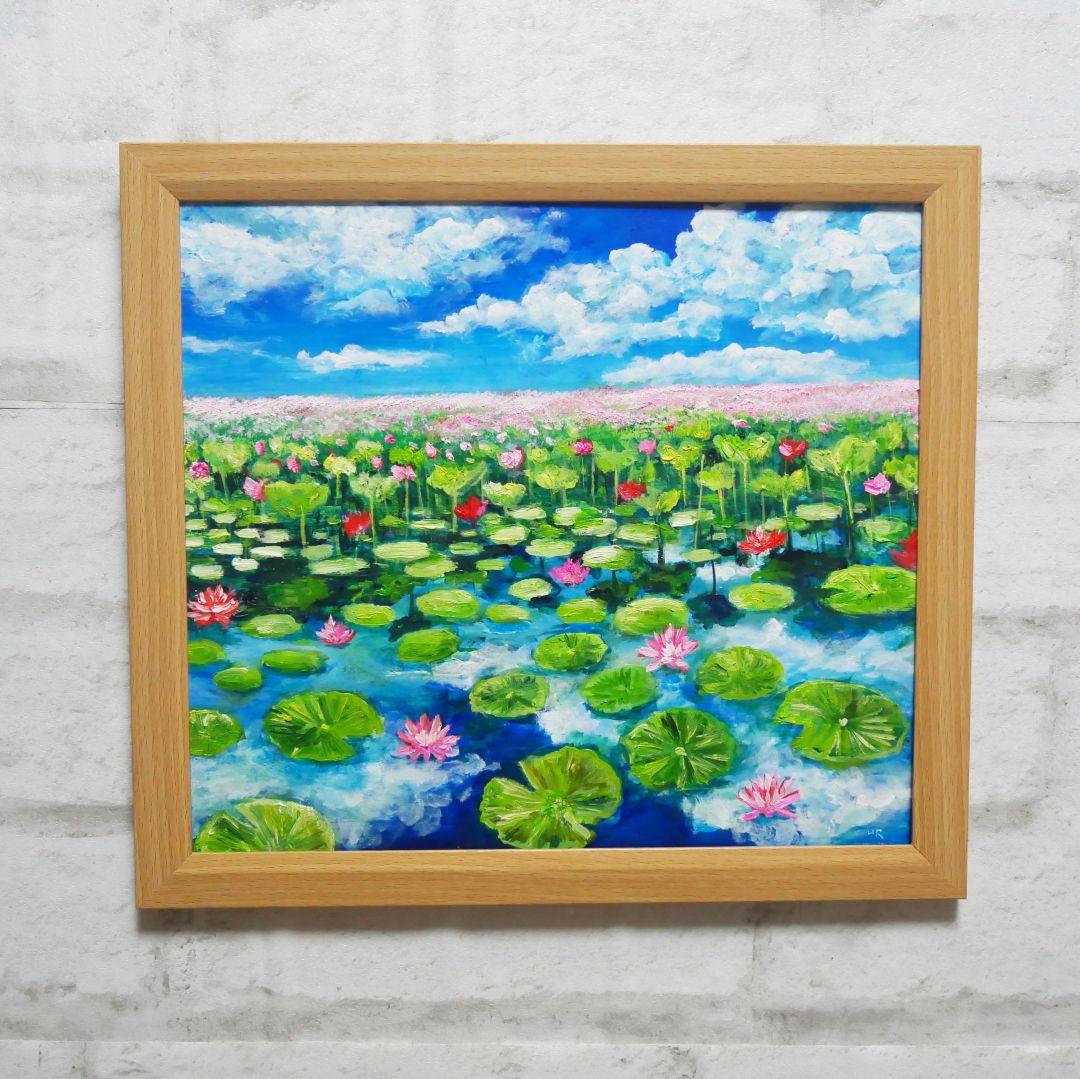 油絵 油彩 油彩画 絵 絵画 【水面映る蓮】