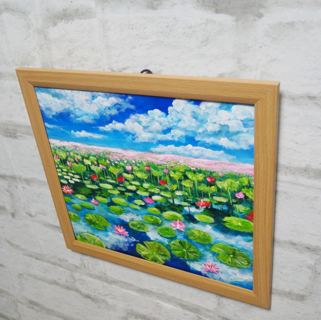 油絵 油彩 油彩画 絵 絵画 【水面映る蓮】