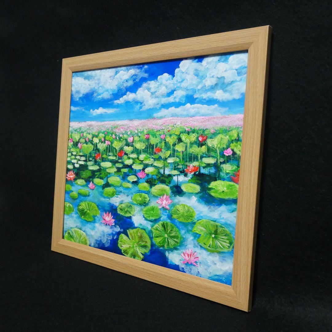 油絵 油彩 油彩画 絵 絵画 【水面映る蓮】