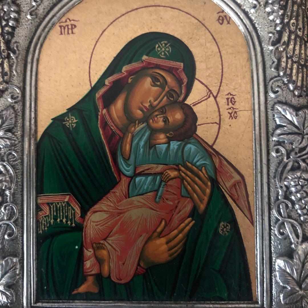 ビザンチン様式　ロシアイコン　聖母子像 レプリカ　木製フレーム 銀装飾