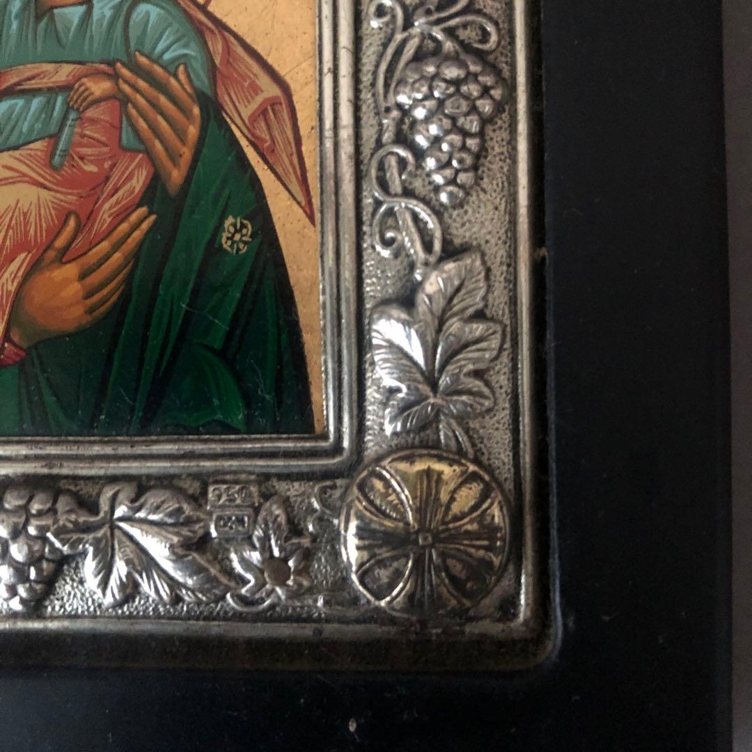 ビザンチン様式　ロシアイコン　聖母子像 レプリカ　木製フレーム 銀装飾