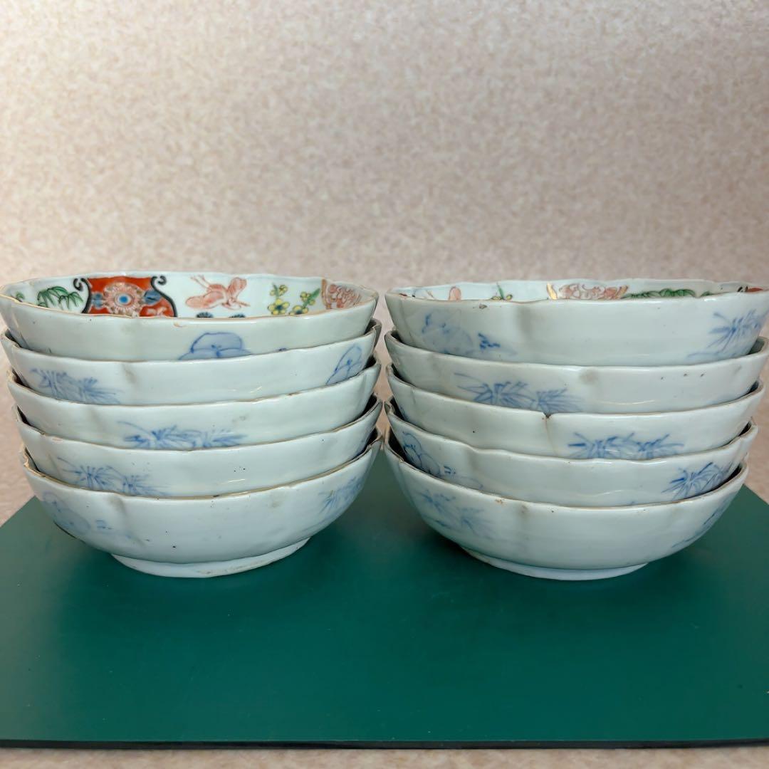 古伊万里 小鉢 色絵 鉢 丸皿 和食器 江戸 伊万里 陶器花柄動物絵柄 A583