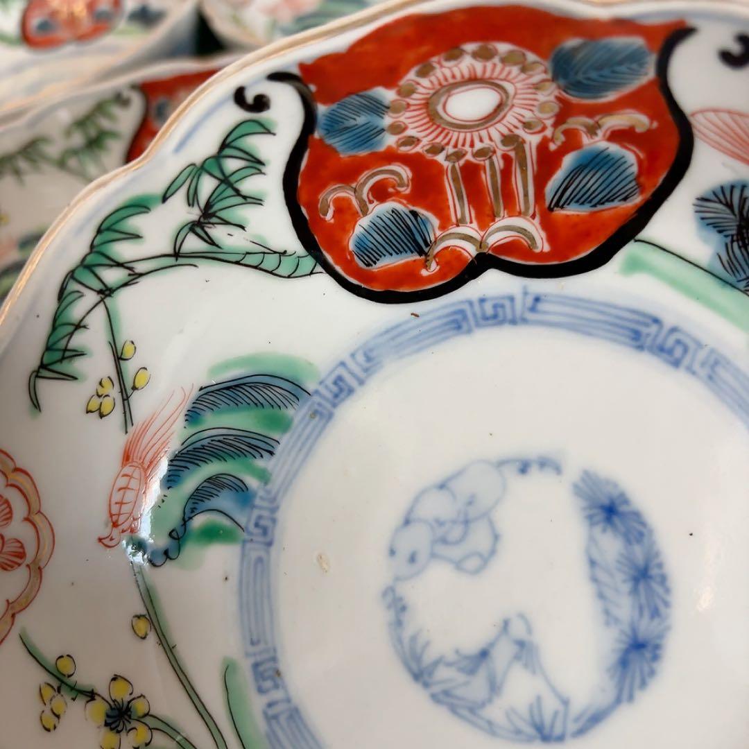 古伊万里 小鉢 色絵 鉢 丸皿 和食器 江戸 伊万里 陶器花柄動物絵柄 A583