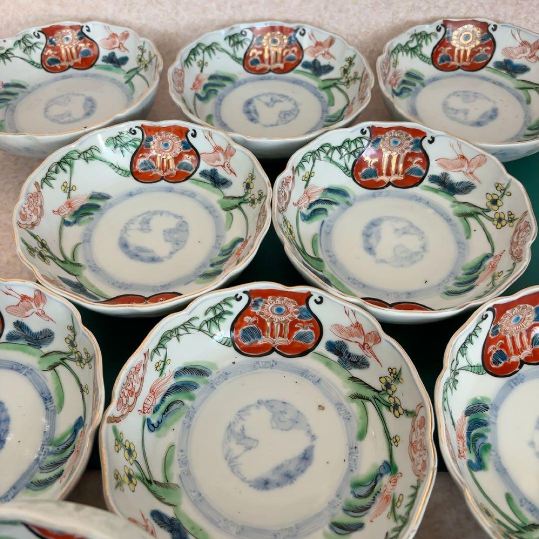 古伊万里 小鉢 色絵 鉢 丸皿 和食器 江戸 伊万里 陶器花柄動物絵柄 A583