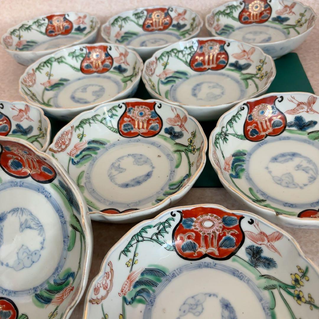 古伊万里 小鉢 色絵 鉢 丸皿 和食器 江戸 伊万里 陶器花柄動物絵柄 A583