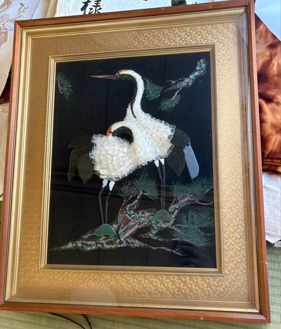 鶴　貝殻　アート　額縁