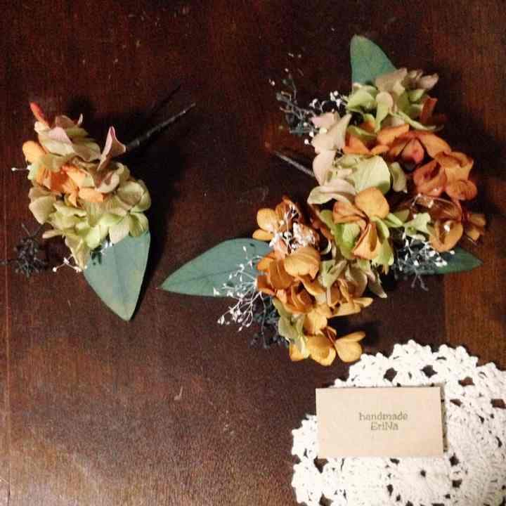 1350円 本物フラワー 髪飾り ユーカリ かすみ草 あじさい プリザーブド