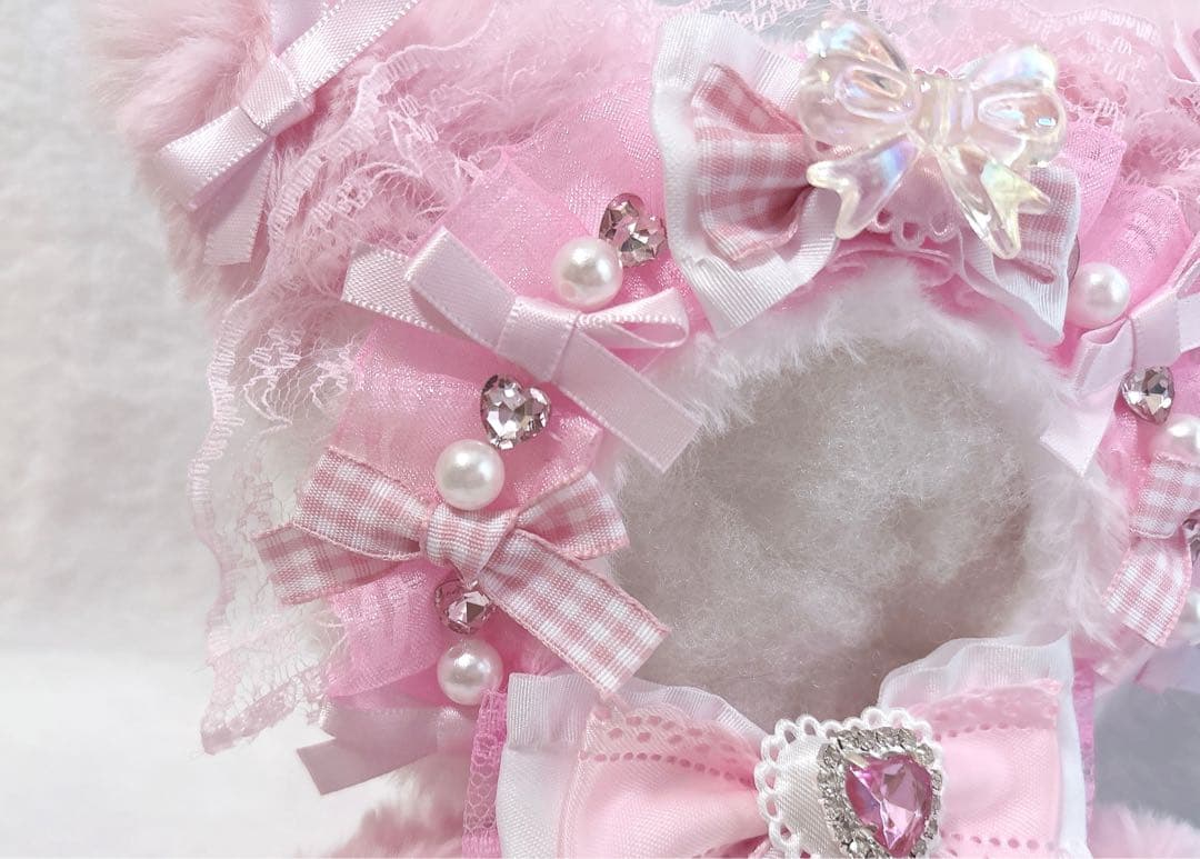 ハートビジューヘッドドレスねこ12cmおすわりぬい服❤︎ちびぐるみピンク着ぐるみ