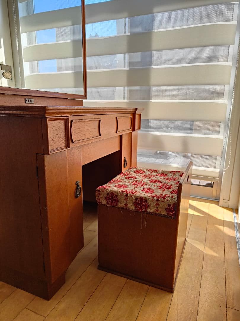 レトロ アンティーク 昭和 木製ドレッサー・ミラー・スツール付き