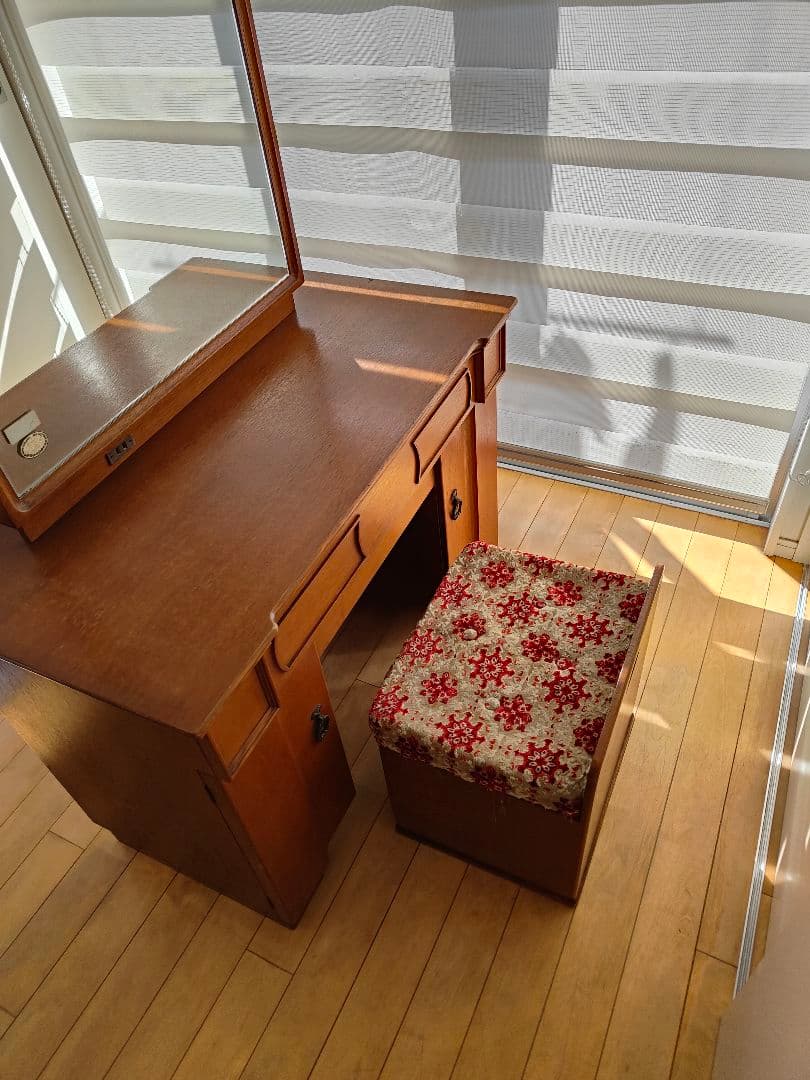 レトロ アンティーク 昭和 木製ドレッサー・ミラー・スツール付き