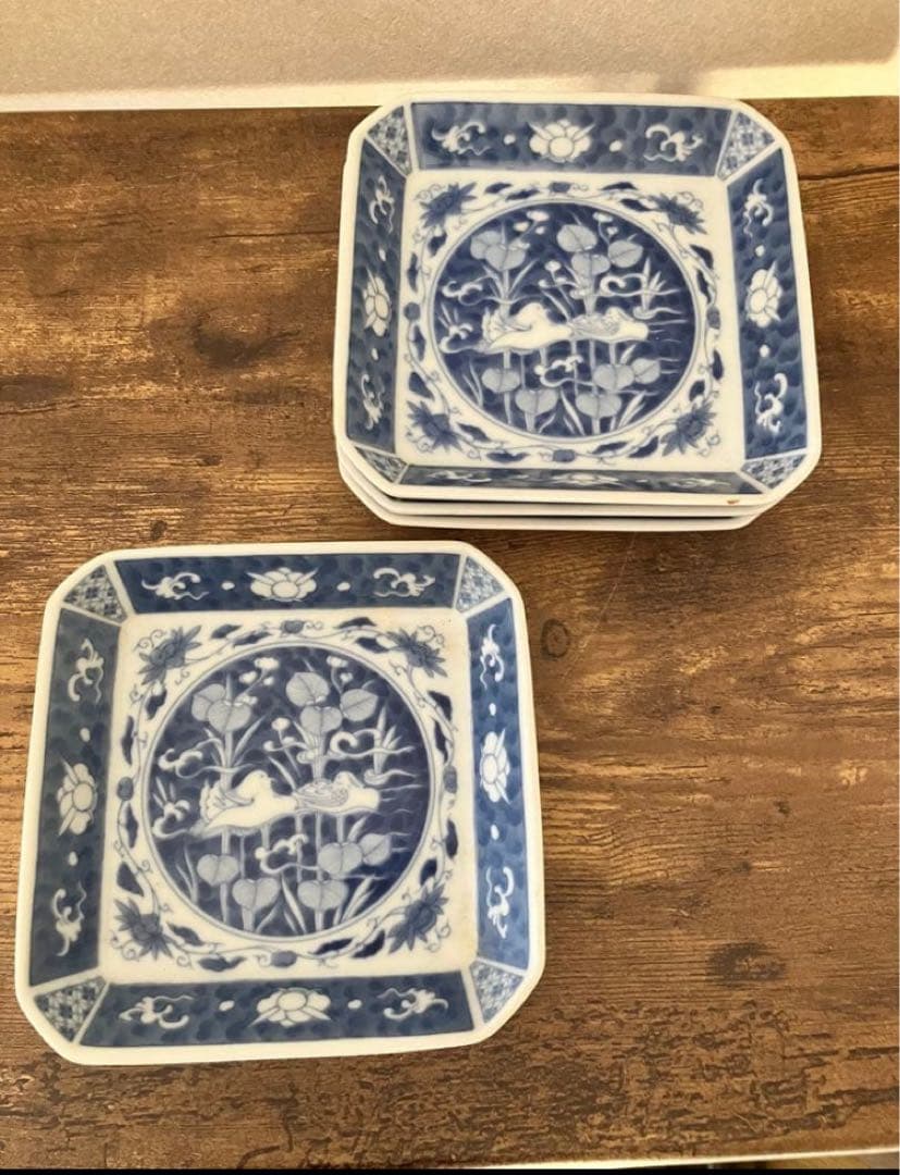 深川製磁　有田焼　縁起物柄　おしどり　打ち出の小槌柄　染付 角皿 小皿 4枚