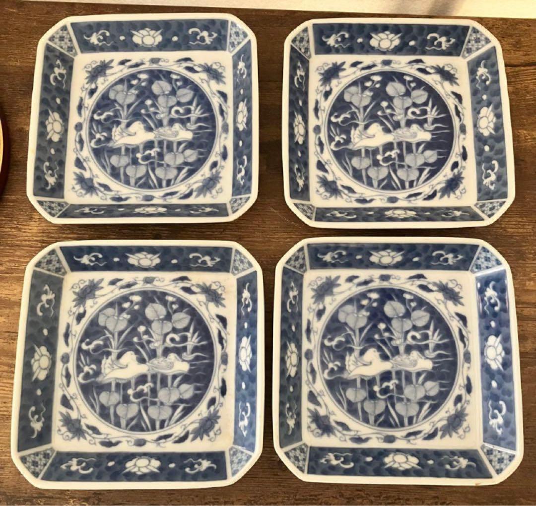 深川製磁　有田焼　縁起物柄　おしどり　打ち出の小槌柄　染付 角皿 小皿 4枚