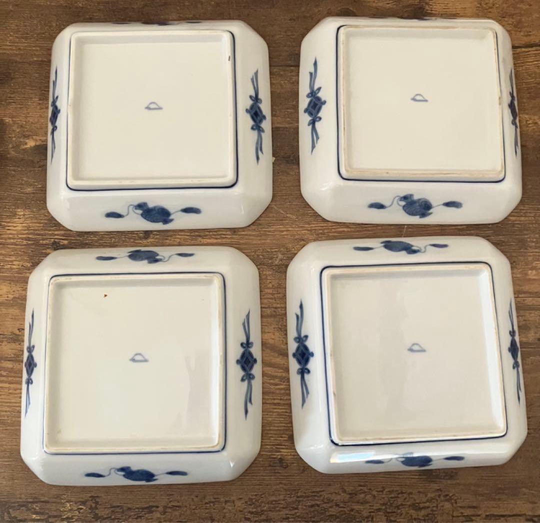 深川製磁　有田焼　縁起物柄　おしどり　打ち出の小槌柄　染付 角皿 小皿 4枚