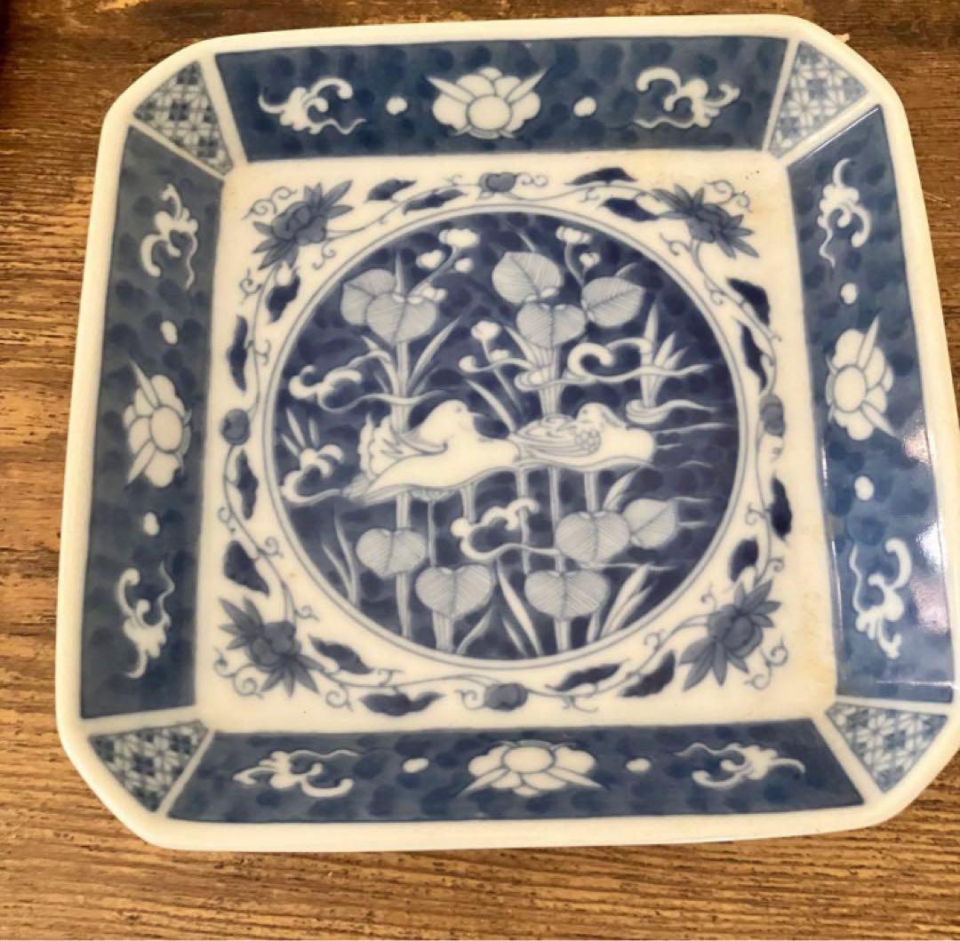 深川製磁　有田焼　縁起物柄　おしどり　打ち出の小槌柄　染付 角皿 小皿 4枚