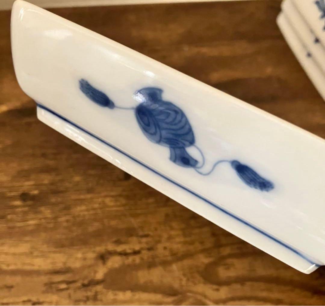 深川製磁　有田焼　縁起物柄　おしどり　打ち出の小槌柄　染付 角皿 小皿 4枚