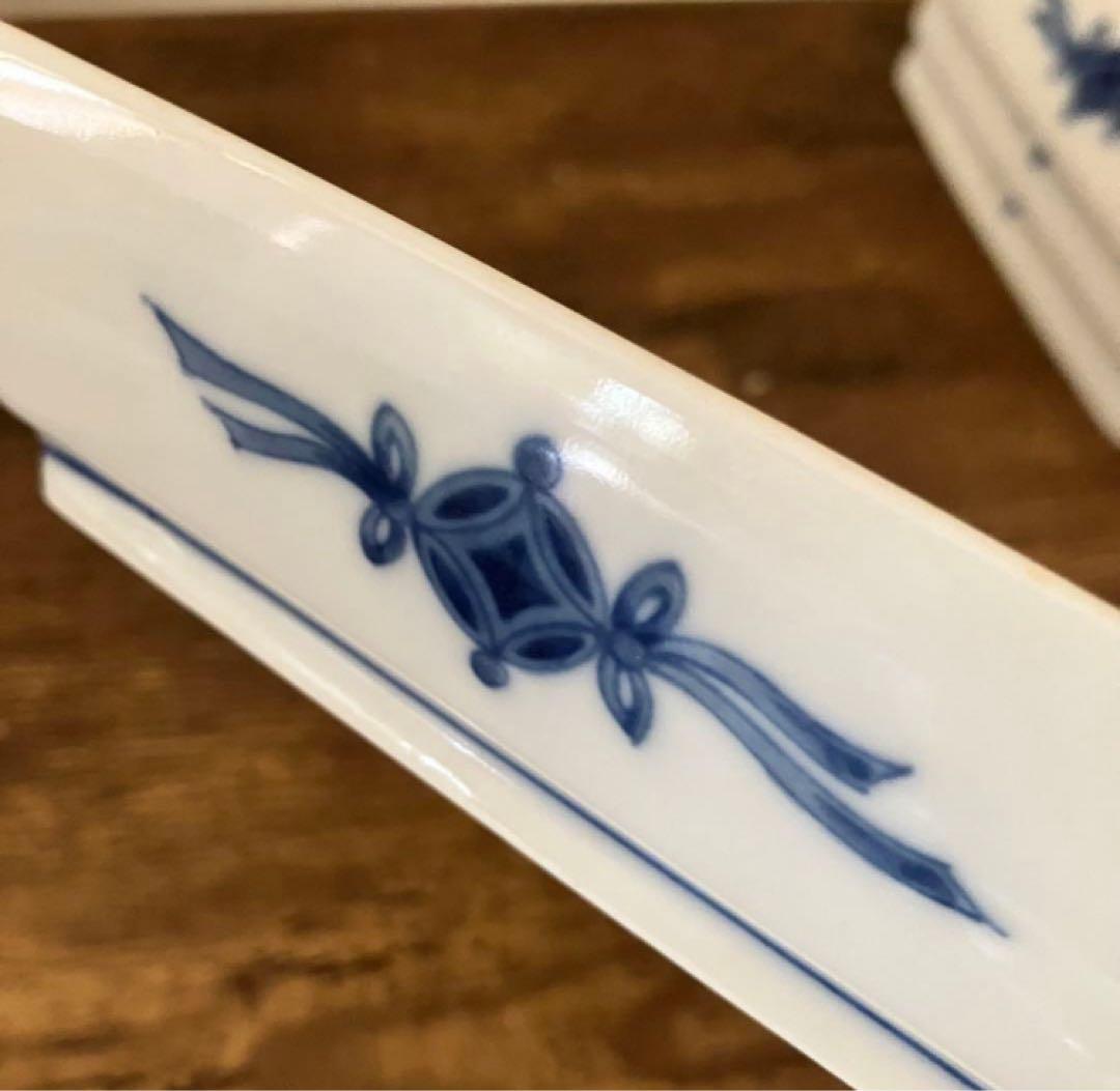 深川製磁　有田焼　縁起物柄　おしどり　打ち出の小槌柄　染付 角皿 小皿 4枚