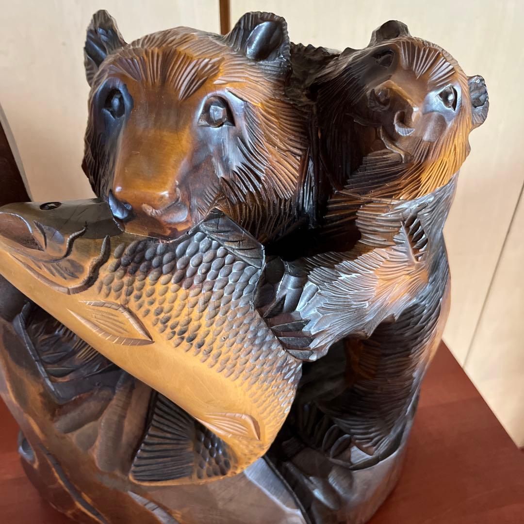木彫の熊　親子熊　工芸品　クマ　シャケ熊　置物　アンティーク　北海道