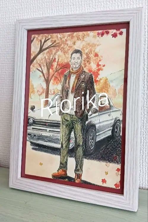 人物画+車　似顔絵　色鉛筆画　パンパステル画　オーダーメイド　プレゼント