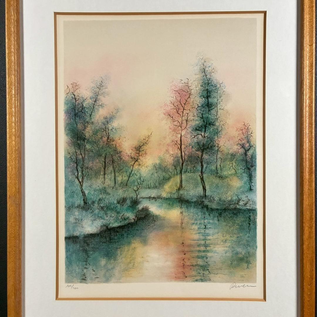 美品 アントニオ・リベラ「水辺の森」リトグラフ 直筆サイン入り 古径額 スペイン