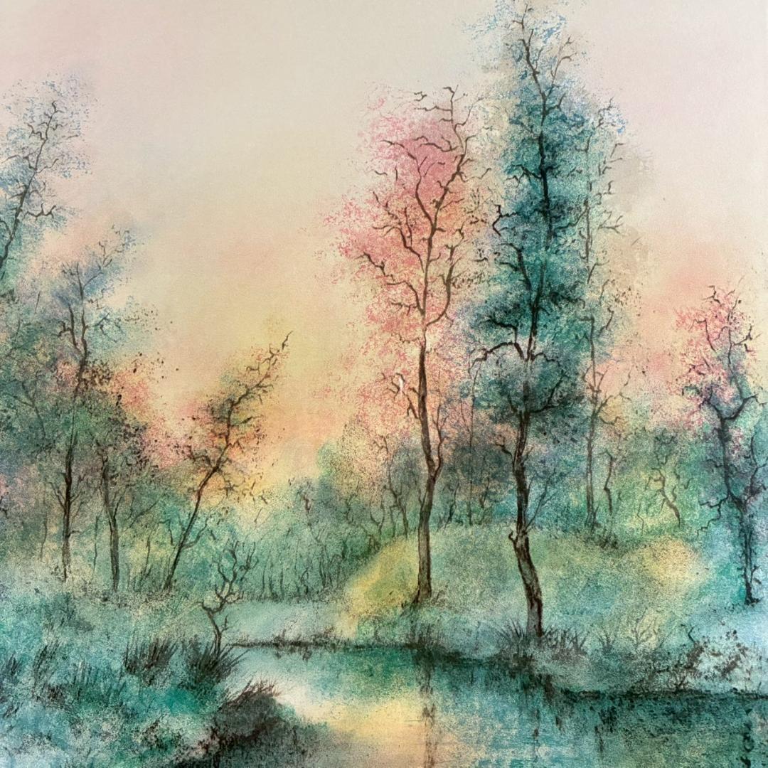 美品 アントニオ・リベラ「水辺の森」リトグラフ 直筆サイン入り 古径額 スペイン