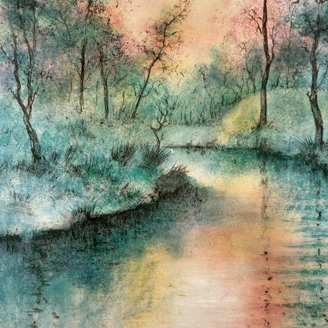 美品 アントニオ・リベラ「水辺の森」リトグラフ 直筆サイン入り 古径額 スペイン