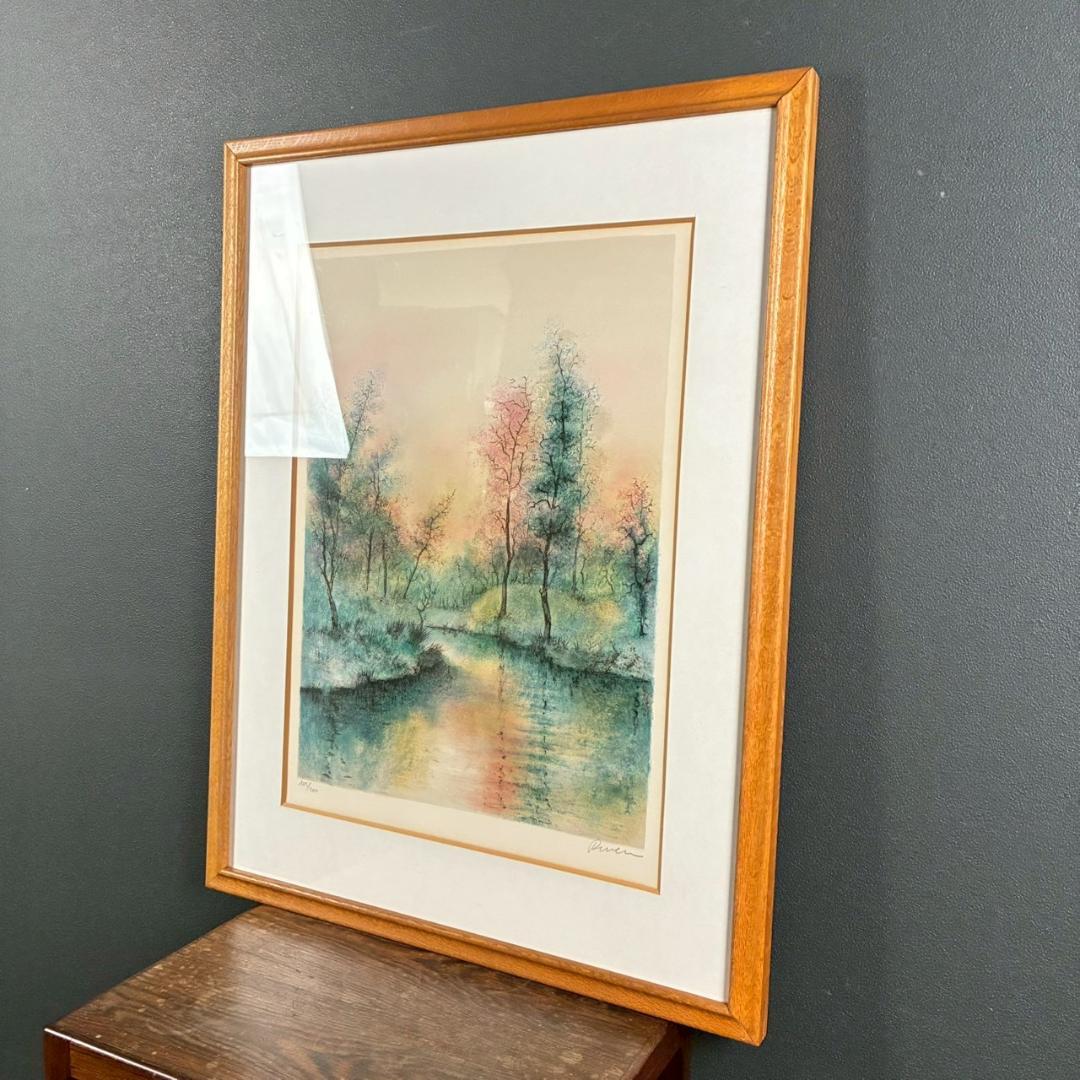 美品 アントニオ・リベラ「水辺の森」リトグラフ 直筆サイン入り 古径額 スペイン