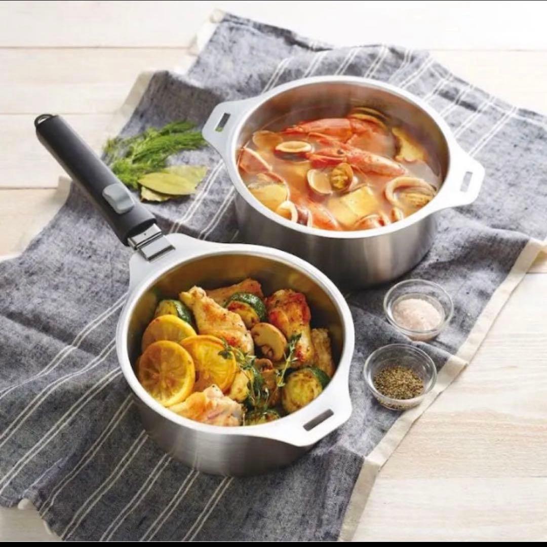 ステンレス　IH対応　ハンドル着脱式鍋　セット蒸し台付